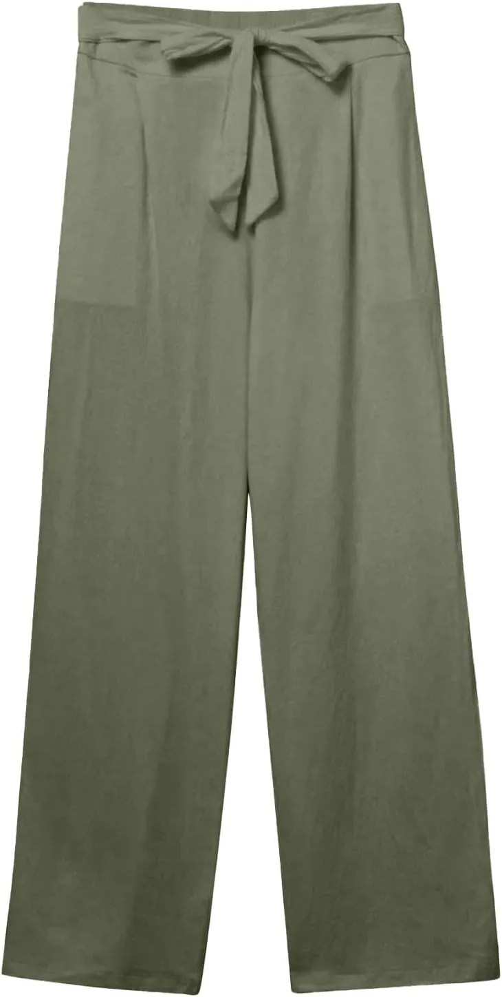 fanmpghleoo Plus Size Linen Pants for Women Casual Adjustable Tie Knot High Waisted Work Pants Loose Fit Comfy Lounge Pants