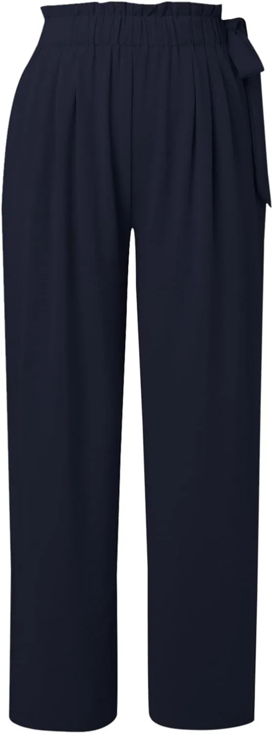 fanmpghleoo Wide Leg Linen Pants Women Bow Elastic High Waisted Palazzo Pants Wrinkle Casual Beach Pants with Pockets Summer