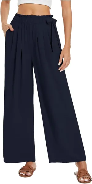 fanmpghleoo Wide Leg Linen Pants Women Bow Elastic High Waisted Palazzo Pants Wrinkle Casual Beach Pants with Pockets Summer