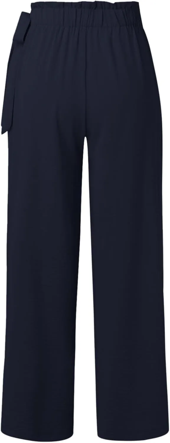 fanmpghleoo Wide Leg Linen Pants Women Bow Elastic High Waisted Palazzo Pants Wrinkle Casual Beach Pants with Pockets Summer