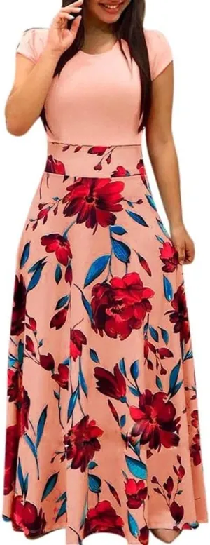 FQZWONG Women's Summer Casual Maxi Dress Blue Size Large High Waisted Flowy Prom Party Dress