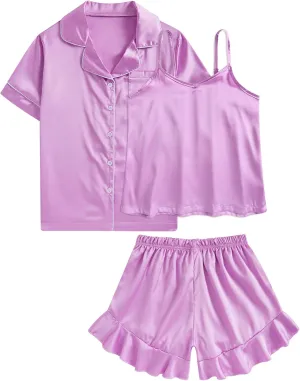 Funnycokid Girls Pajama Sets 3 Piece Satin Sleepwear Solid Color Summer Nightwear Button Down Silky Loungewear Size 6-13