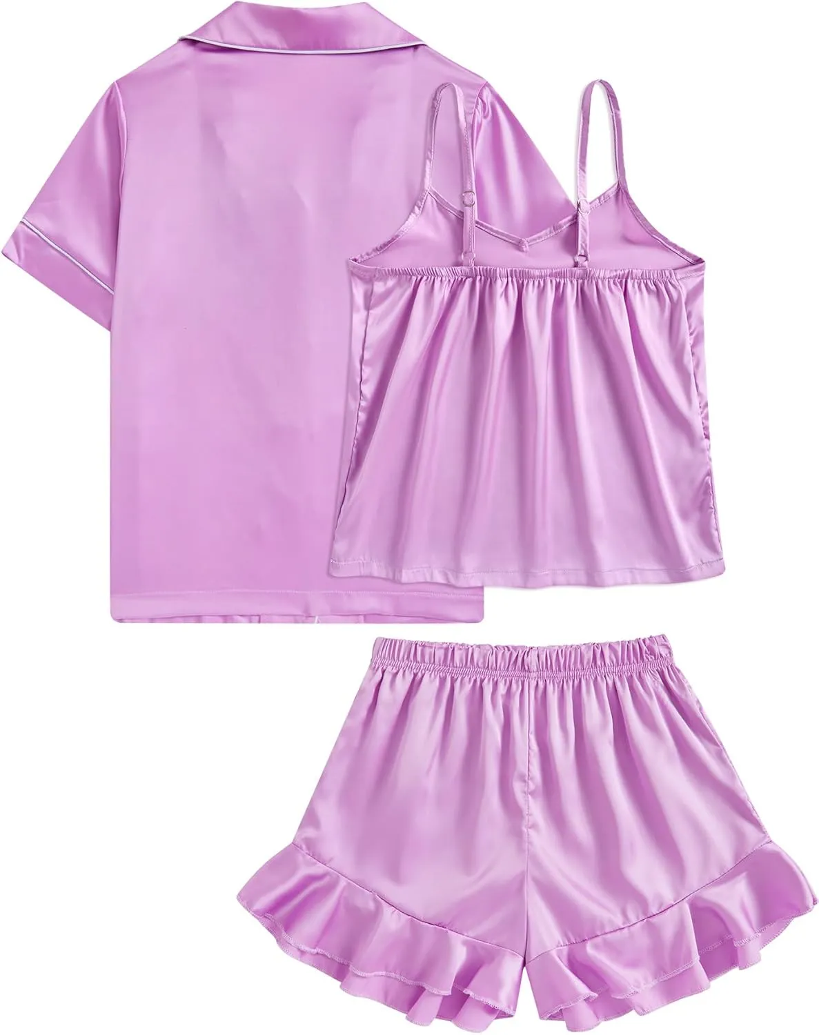 Funnycokid Girls Pajama Sets 3 Piece Satin Sleepwear Solid Color Summer Nightwear Button Down Silky Loungewear Size 6-13