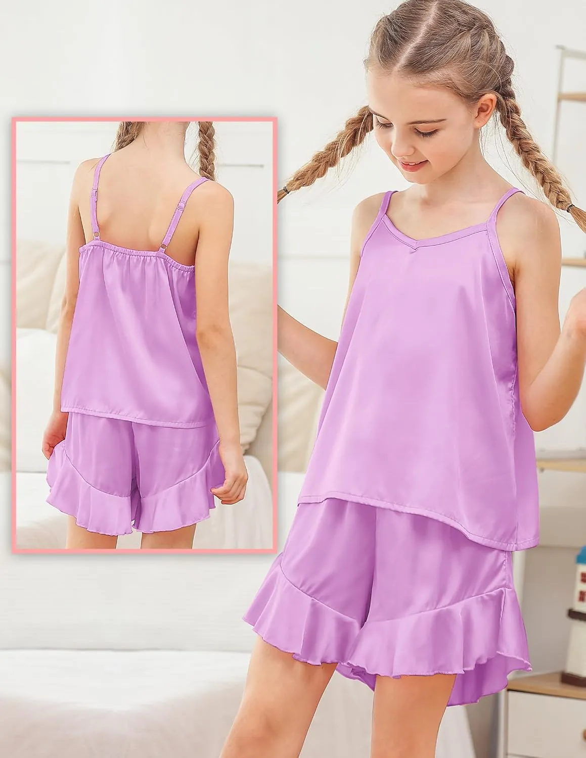 Funnycokid Girls Pajama Sets 3 Piece Satin Sleepwear Solid Color Summer Nightwear Button Down Silky Loungewear Size 6-13