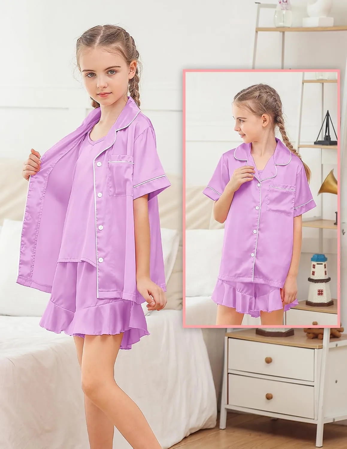 Funnycokid Girls Pajama Sets 3 Piece Satin Sleepwear Solid Color Summer Nightwear Button Down Silky Loungewear Size 6-13