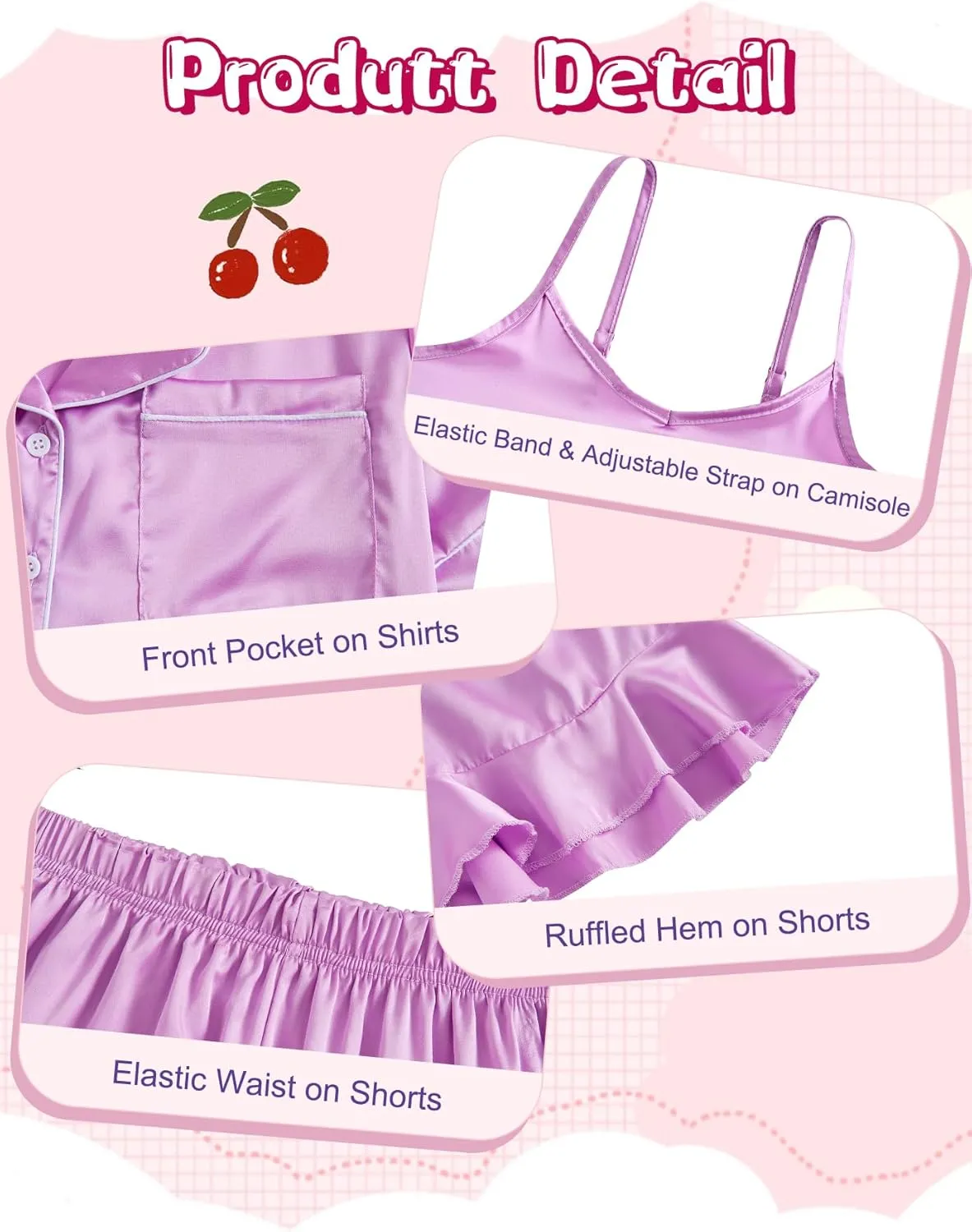 Funnycokid Girls Pajama Sets 3 Piece Satin Sleepwear Solid Color Summer Nightwear Button Down Silky Loungewear Size 6-13