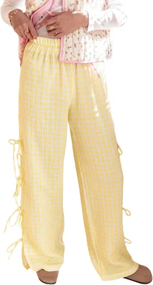 Gingham Pants Women Bow Tie Side Split Wide Leg Y2k Plaid Pants High Waist Striped Lounge Pant Going Out Trousers