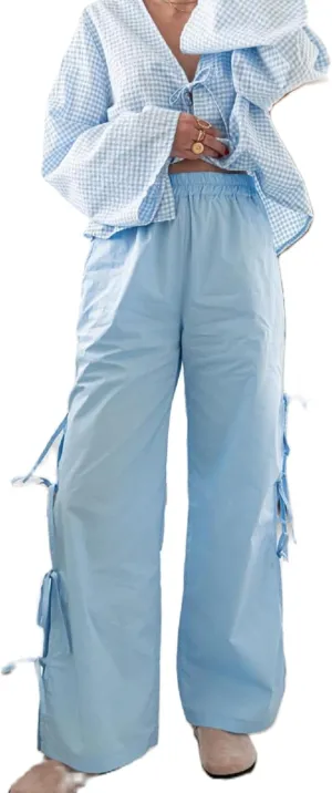 Gingham Pants Women Bow Tie Side Split Wide Leg Y2k Plaid Pants High Waist Striped Lounge Pant Going Out Trousers