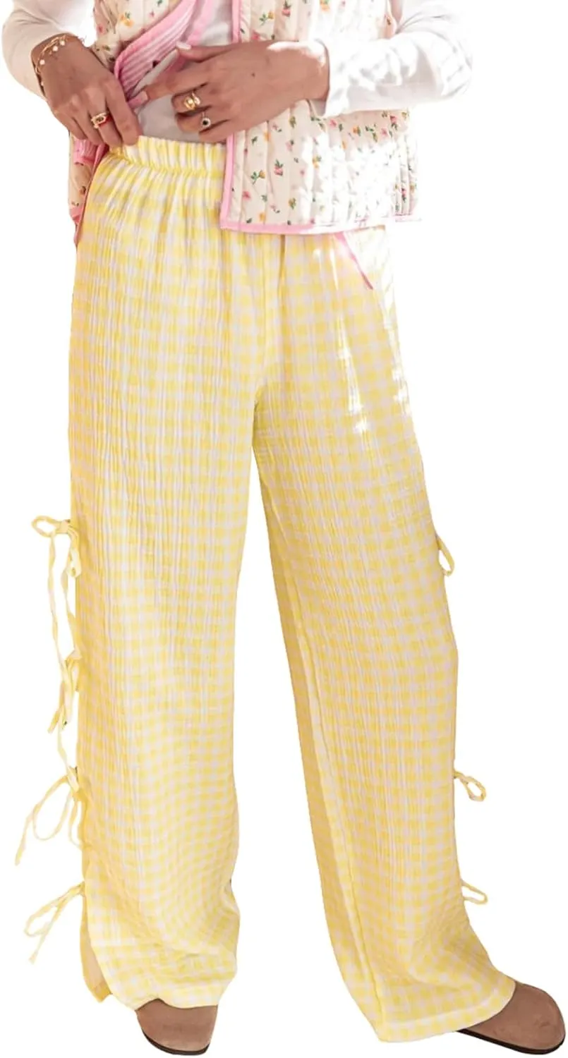 Gingham Pants Women Bow Tie Side Split Wide Leg Y2k Plaid Pants High Waist Striped Lounge Pant Going Out Trousers