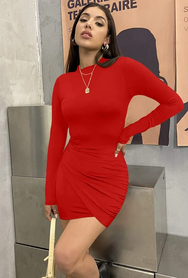 GOBLES Women's Long Sleeve Elegant Sexy Bodycon Ruched Mini Cocktail Dress
