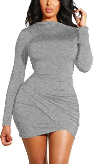 GOBLES Women's Long Sleeve Elegant Sexy Bodycon Ruched Mini Cocktail Dress