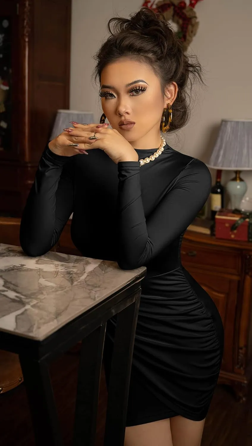 GOBLES Women's Long Sleeve Elegant Sexy Bodycon Ruched Mini Cocktail Dress
