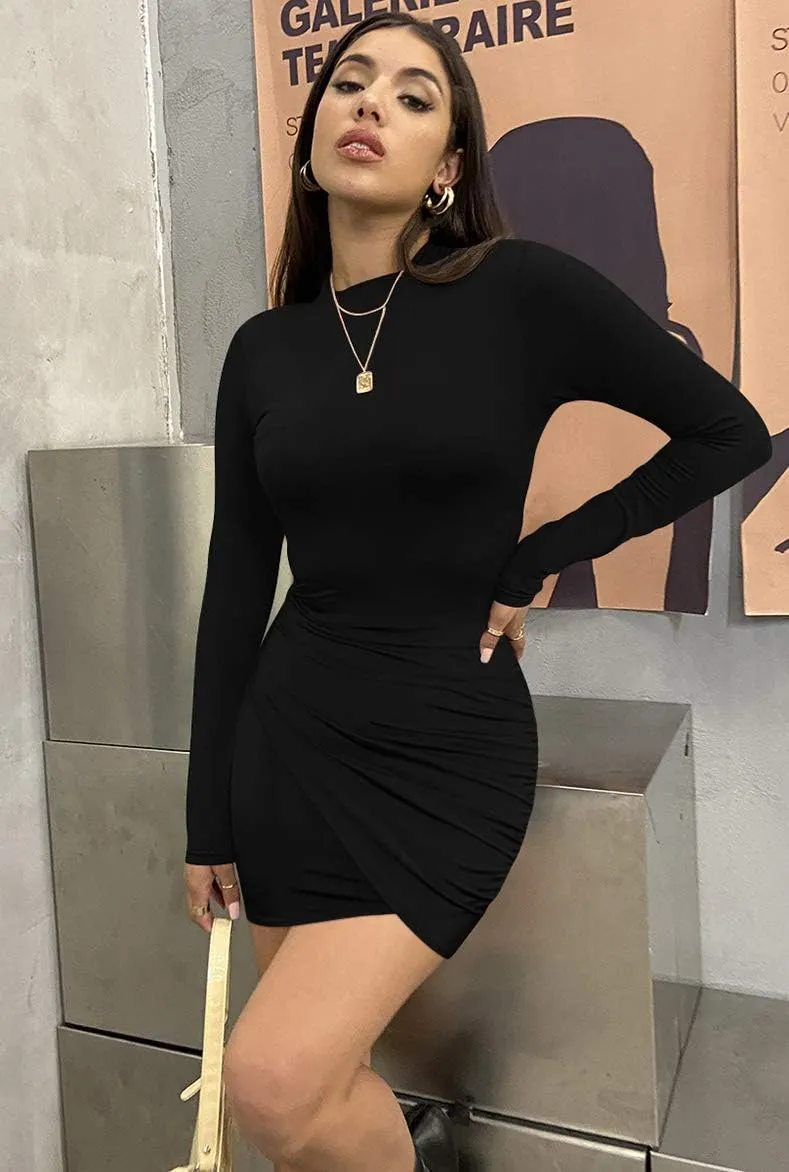 GOBLES Women's Long Sleeve Elegant Sexy Bodycon Ruched Mini Cocktail Dress