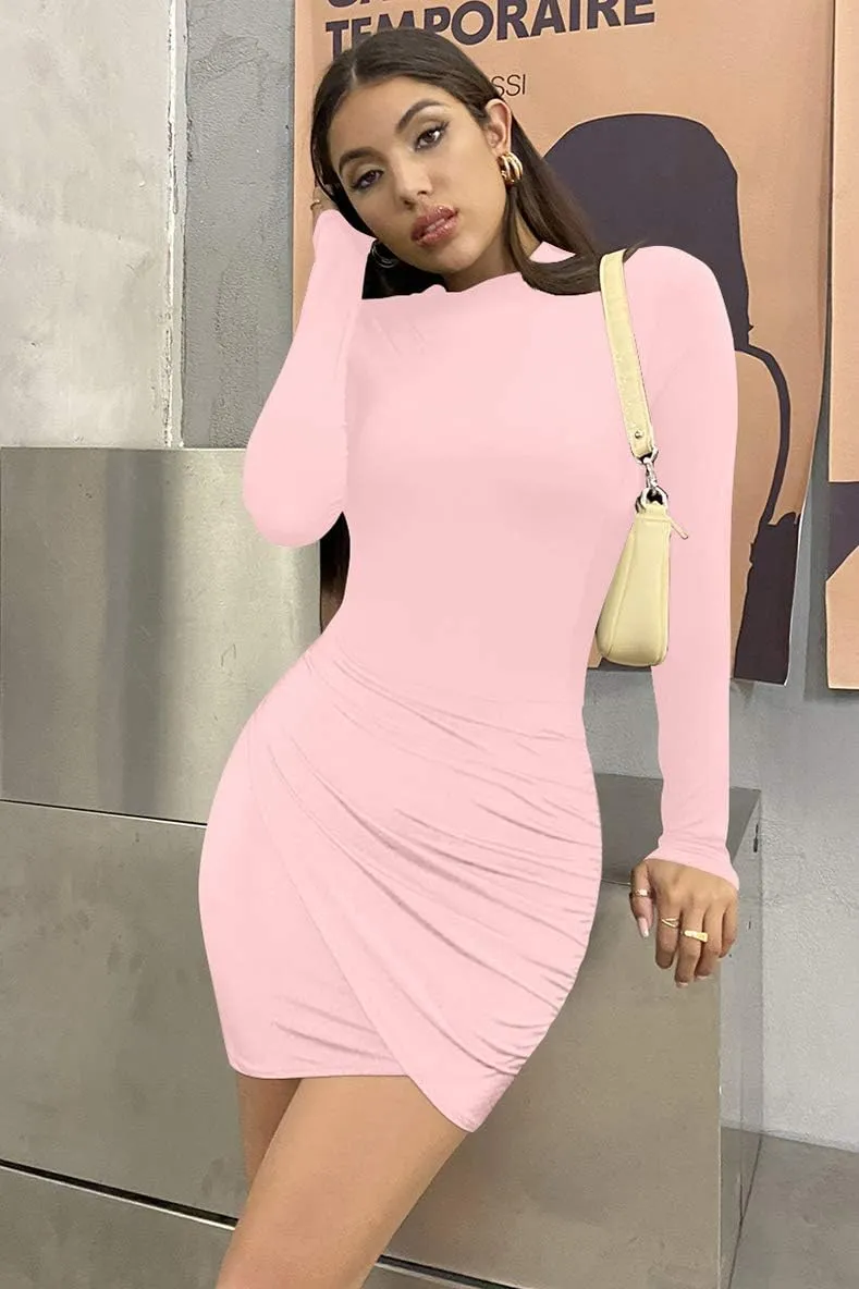 GOBLES Women's Long Sleeve Elegant Sexy Bodycon Ruched Mini Cocktail Dress