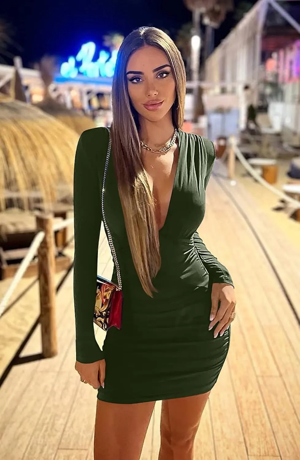 GOBLES Women's Sexy Long Sleeve V Neck Ruched Bodycon Mini Party Cocktail Dress