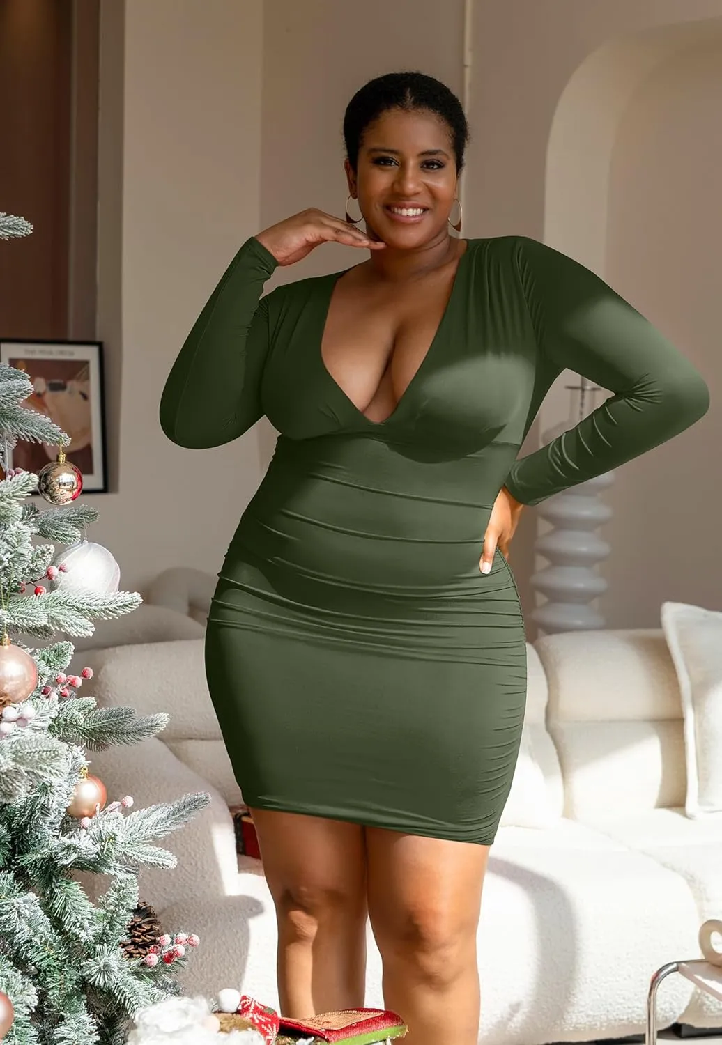 GOBLES Women's Sexy Long Sleeve V Neck Ruched Bodycon Mini Party Cocktail Dress