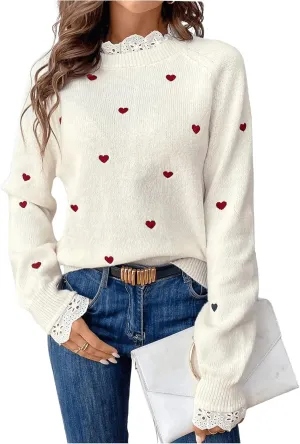 GORGLITTER Women's Heart Lace Spring Pullover Sweater 2025 Embellished Long Sleeve Cute Knitwear Sweater Jumper