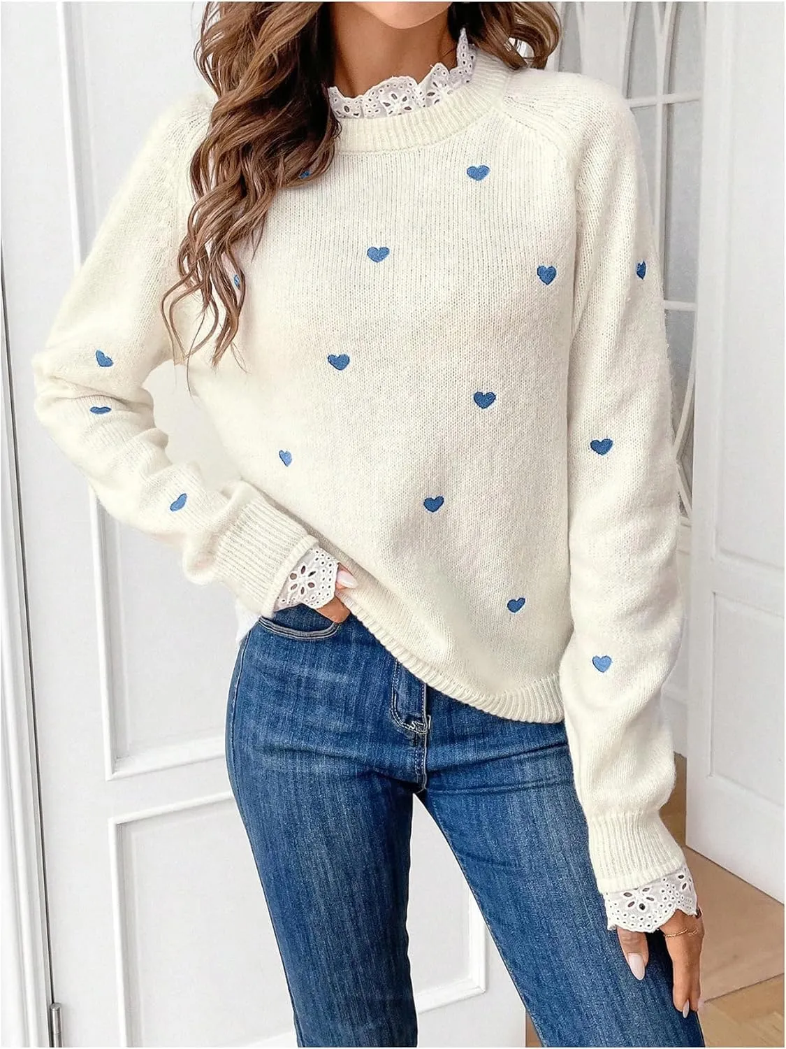 GORGLITTER Women's Heart Lace Spring Pullover Sweater 2025 Embellished Long Sleeve Cute Knitwear Sweater Jumper