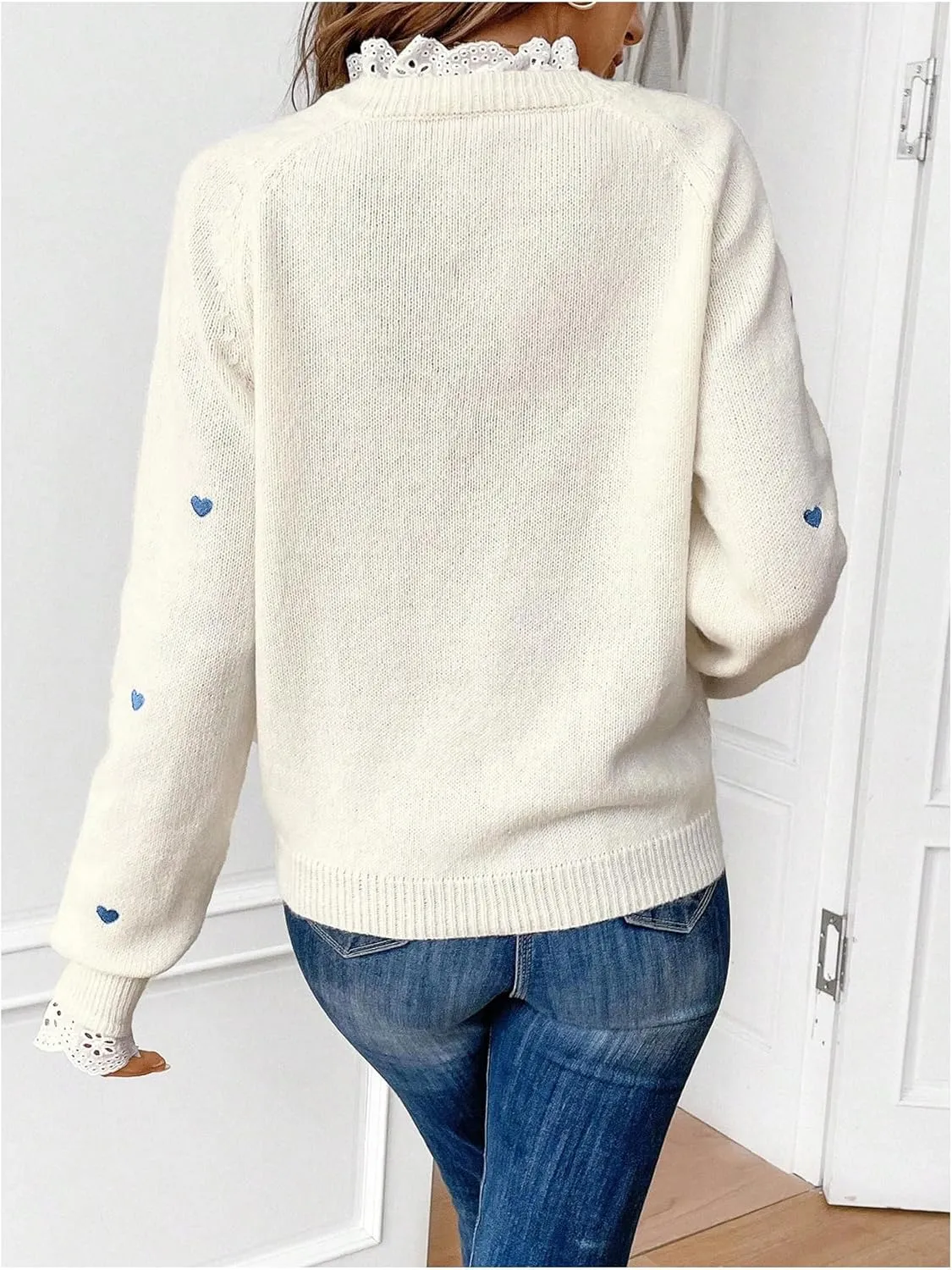 GORGLITTER Women's Heart Lace Spring Pullover Sweater 2025 Embellished Long Sleeve Cute Knitwear Sweater Jumper