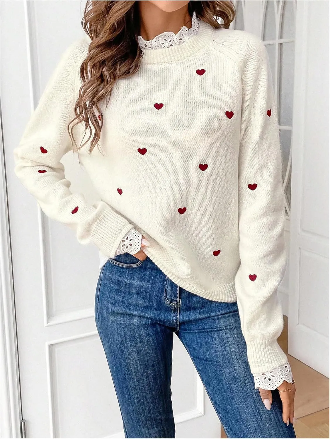 GORGLITTER Women's Heart Lace Spring Pullover Sweater 2025 Embellished Long Sleeve Cute Knitwear Sweater Jumper