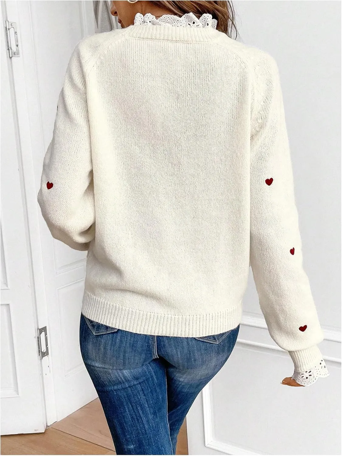 GORGLITTER Women's Heart Lace Spring Pullover Sweater 2025 Embellished Long Sleeve Cute Knitwear Sweater Jumper