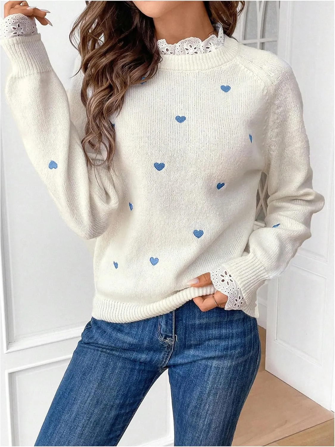 GORGLITTER Women's Heart Lace Spring Pullover Sweater 2025 Embellished Long Sleeve Cute Knitwear Sweater Jumper