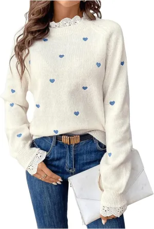 GORGLITTER Women's Heart Lace Spring Pullover Sweater 2025 Embellished Long Sleeve Cute Knitwear Sweater Jumper