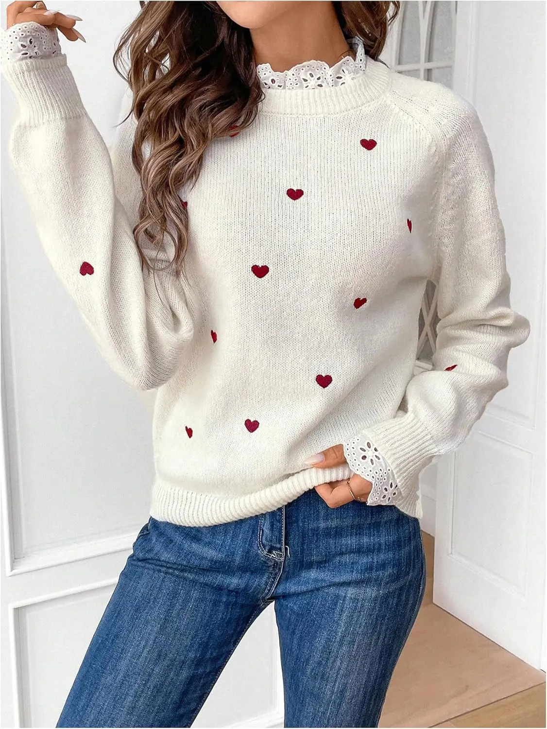GORGLITTER Women's Heart Lace Spring Pullover Sweater 2025 Embellished Long Sleeve Cute Knitwear Sweater Jumper