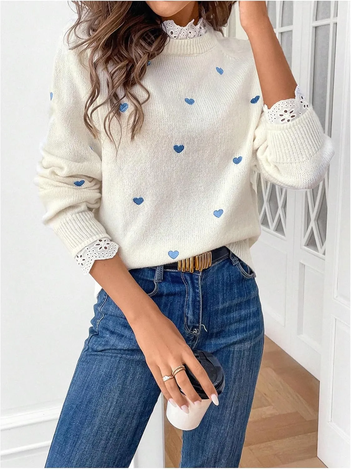 GORGLITTER Women's Heart Lace Spring Pullover Sweater 2025 Embellished Long Sleeve Cute Knitwear Sweater Jumper