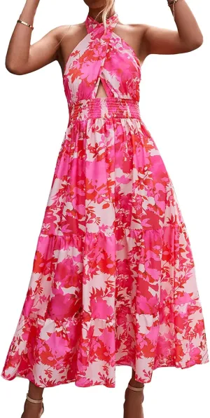 GOTOTOP Women Summer Crisscross Neck Dress, Sexy Chic Wrap Backless Sleeveless Maxi Dress Women Loose Dress Cocktail Floral Print Dress(M-Rose Red)