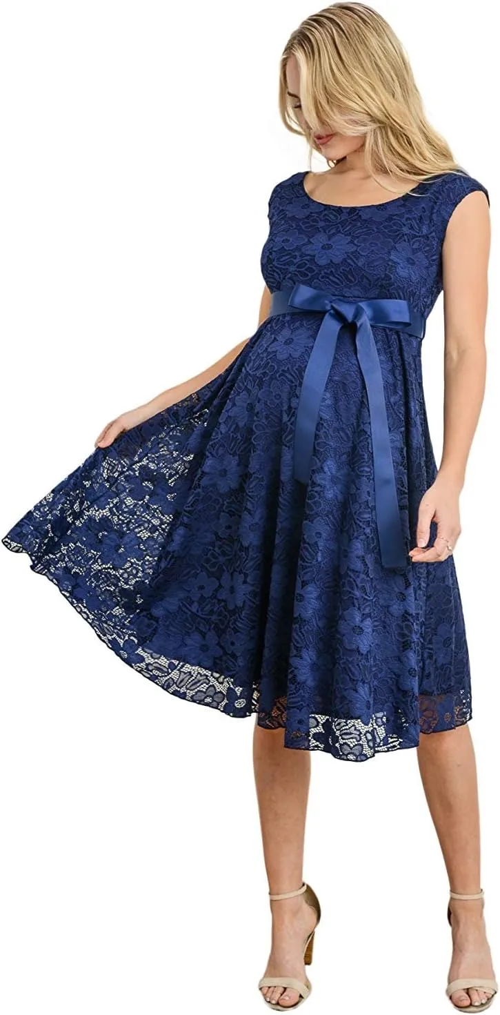 HELLO MIZ Maternity Floral Lace Baby Shower Party Cocktail Dress with Ribbon Waist