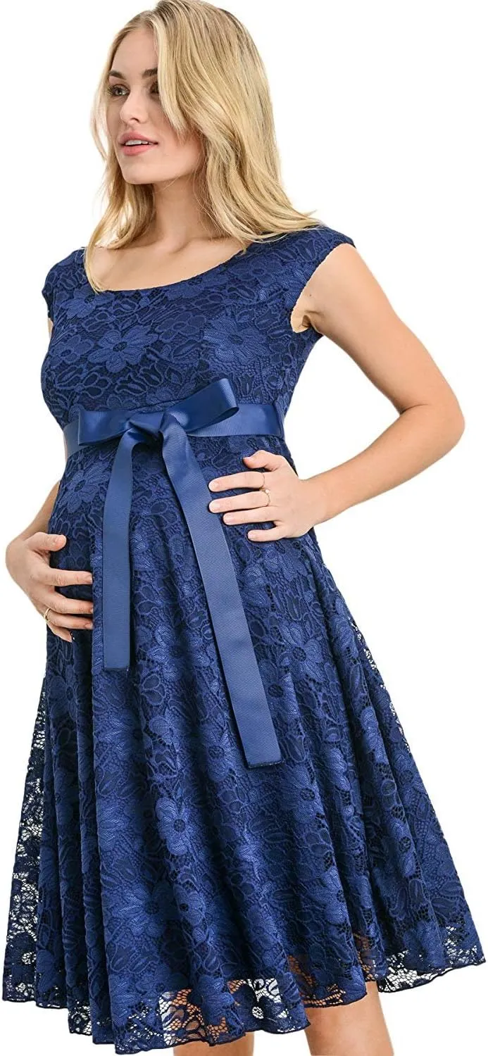 HELLO MIZ Maternity Floral Lace Baby Shower Party Cocktail Dress with Ribbon Waist