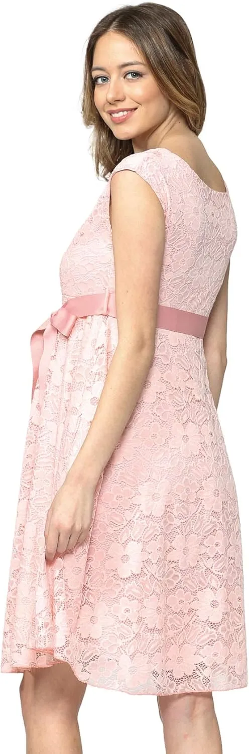 HELLO MIZ Maternity Floral Lace Baby Shower Party Cocktail Dress with Ribbon Waist