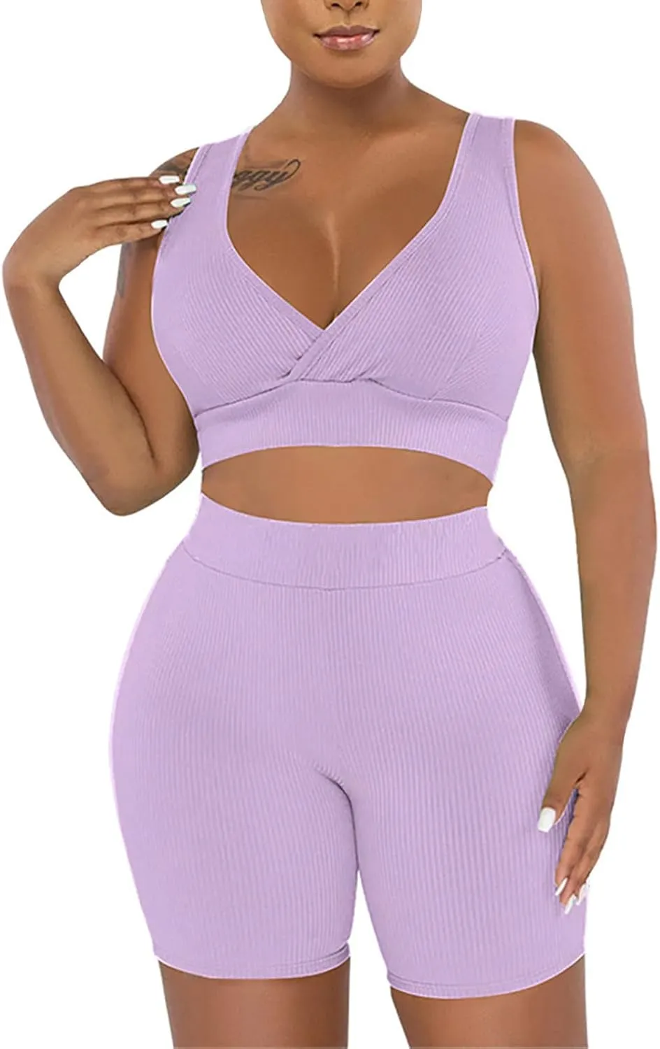 HGps8w Women's 2 Piece Outfits Ribbed Wrap Crop Tank Top Sports Bra & High Waisted Biker Shorts Plus Size Summer Workout Sets