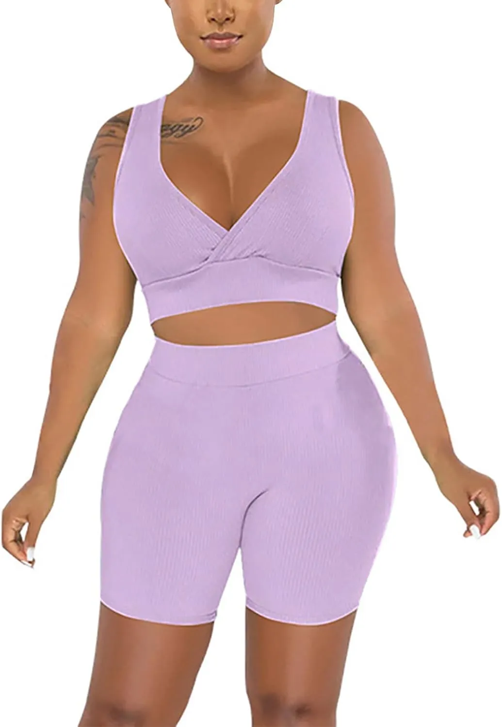 HGps8w Women's 2 Piece Outfits Ribbed Wrap Crop Tank Top Sports Bra & High Waisted Biker Shorts Plus Size Summer Workout Sets
