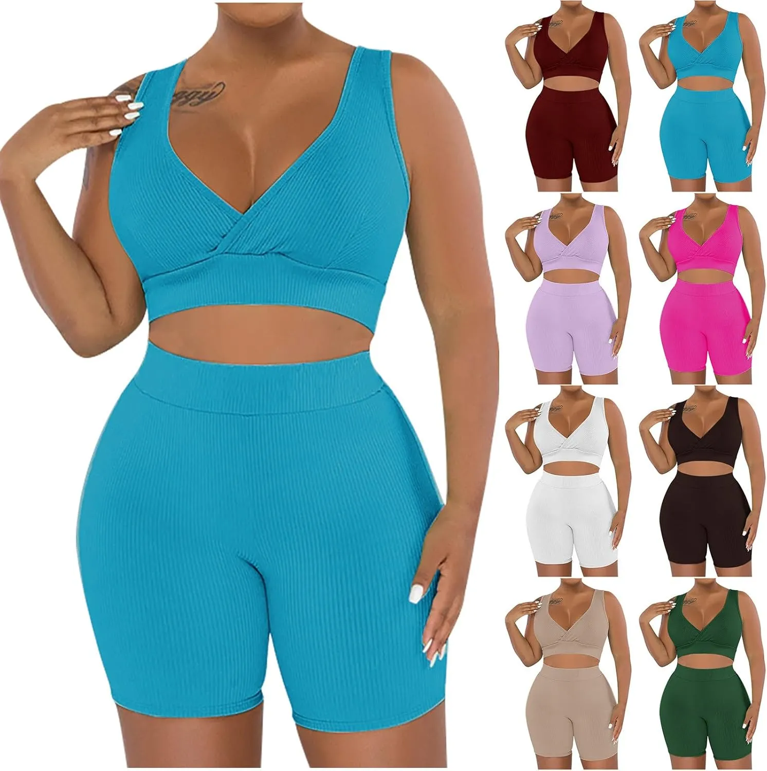 HGps8w Women's 2 Piece Outfits Ribbed Wrap Crop Tank Top Sports Bra & High Waisted Biker Shorts Plus Size Summer Workout Sets