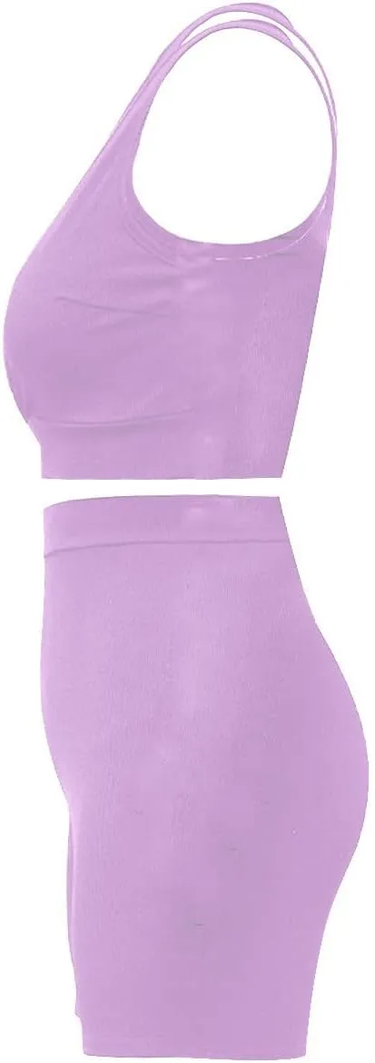 HGps8w Women's 2 Piece Outfits Ribbed Wrap Crop Tank Top Sports Bra & High Waisted Biker Shorts Plus Size Summer Workout Sets