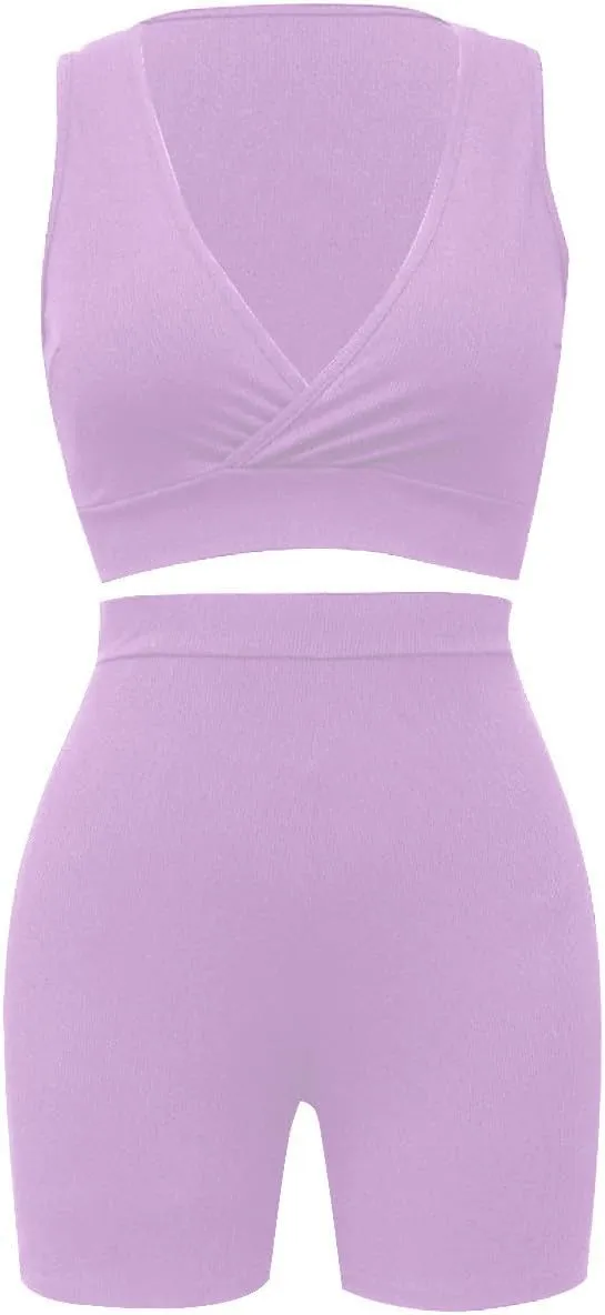 HGps8w Women's 2 Piece Outfits Ribbed Wrap Crop Tank Top Sports Bra & High Waisted Biker Shorts Plus Size Summer Workout Sets