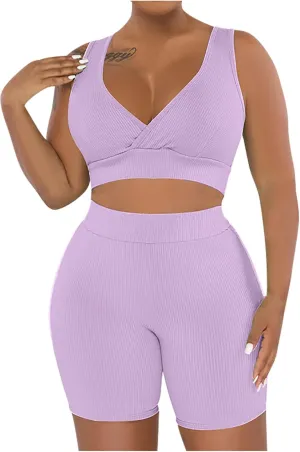 HGps8w Women's 2 Piece Outfits Ribbed Wrap Crop Tank Top Sports Bra & High Waisted Biker Shorts Plus Size Summer Workout Sets