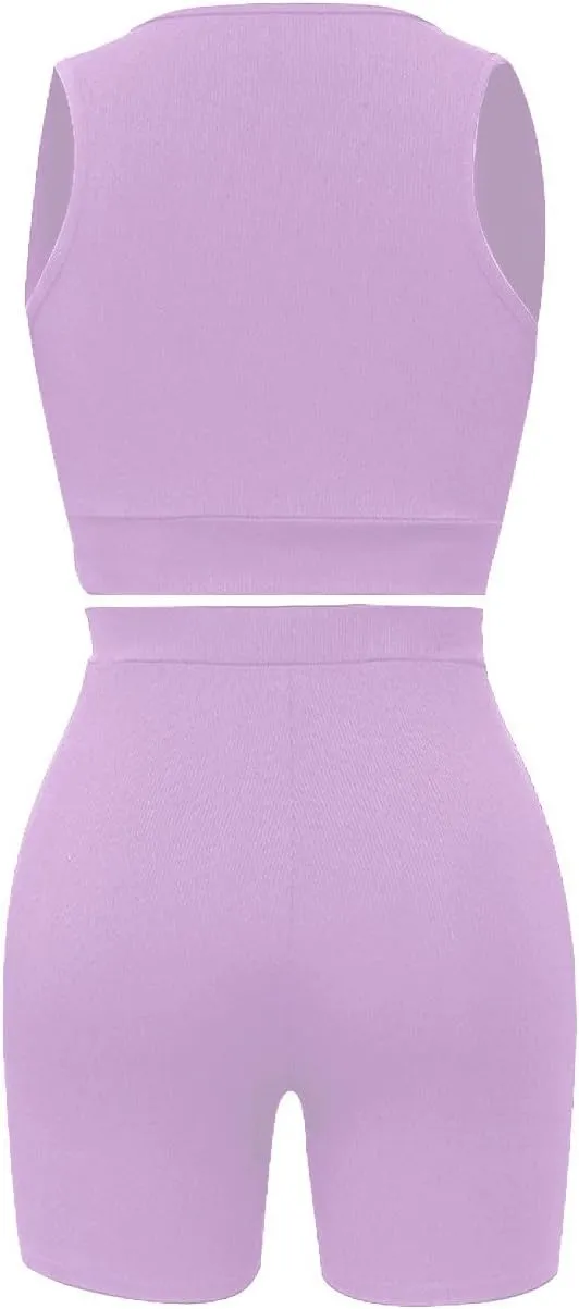 HGps8w Women's 2 Piece Outfits Ribbed Wrap Crop Tank Top Sports Bra & High Waisted Biker Shorts Plus Size Summer Workout Sets