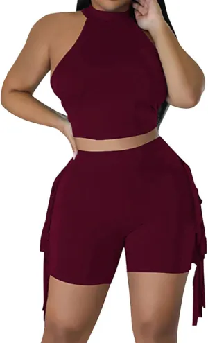 HGps8w Women's Sexy 2 Pieces Outfits - Halter Crop Tank Top & Tassels Side Biker Shorts Summer Vacation Workout Sets