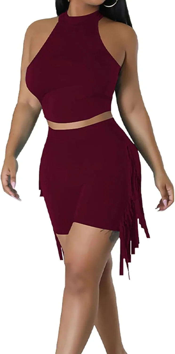 HGps8w Women's Sexy 2 Pieces Outfits - Halter Crop Tank Top & Tassels Side Biker Shorts Summer Vacation Workout Sets