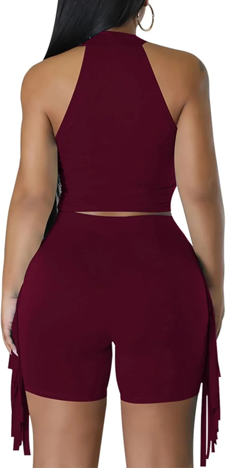 HGps8w Women's Sexy 2 Pieces Outfits - Halter Crop Tank Top & Tassels Side Biker Shorts Summer Vacation Workout Sets