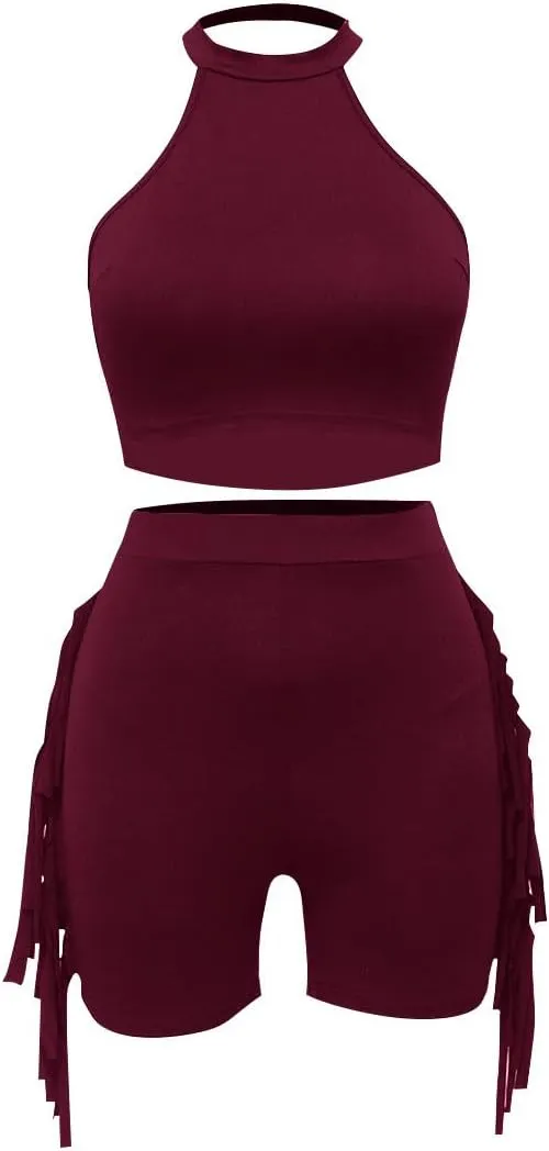 HGps8w Women's Sexy 2 Pieces Outfits - Halter Crop Tank Top & Tassels Side Biker Shorts Summer Vacation Workout Sets