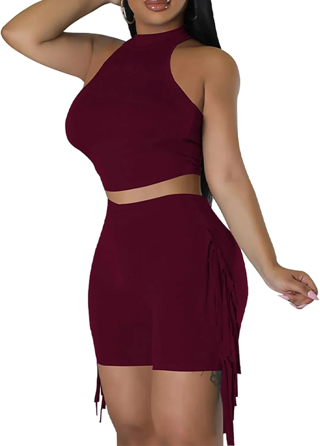 HGps8w Women's Sexy 2 Pieces Outfits - Halter Crop Tank Top & Tassels Side Biker Shorts Summer Vacation Workout Sets