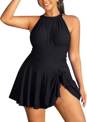 High Neck Swimsuits for Women One Piece Padded Backless Swimdress Skirted Long Torso Tummy Control Bathing Suit 2025