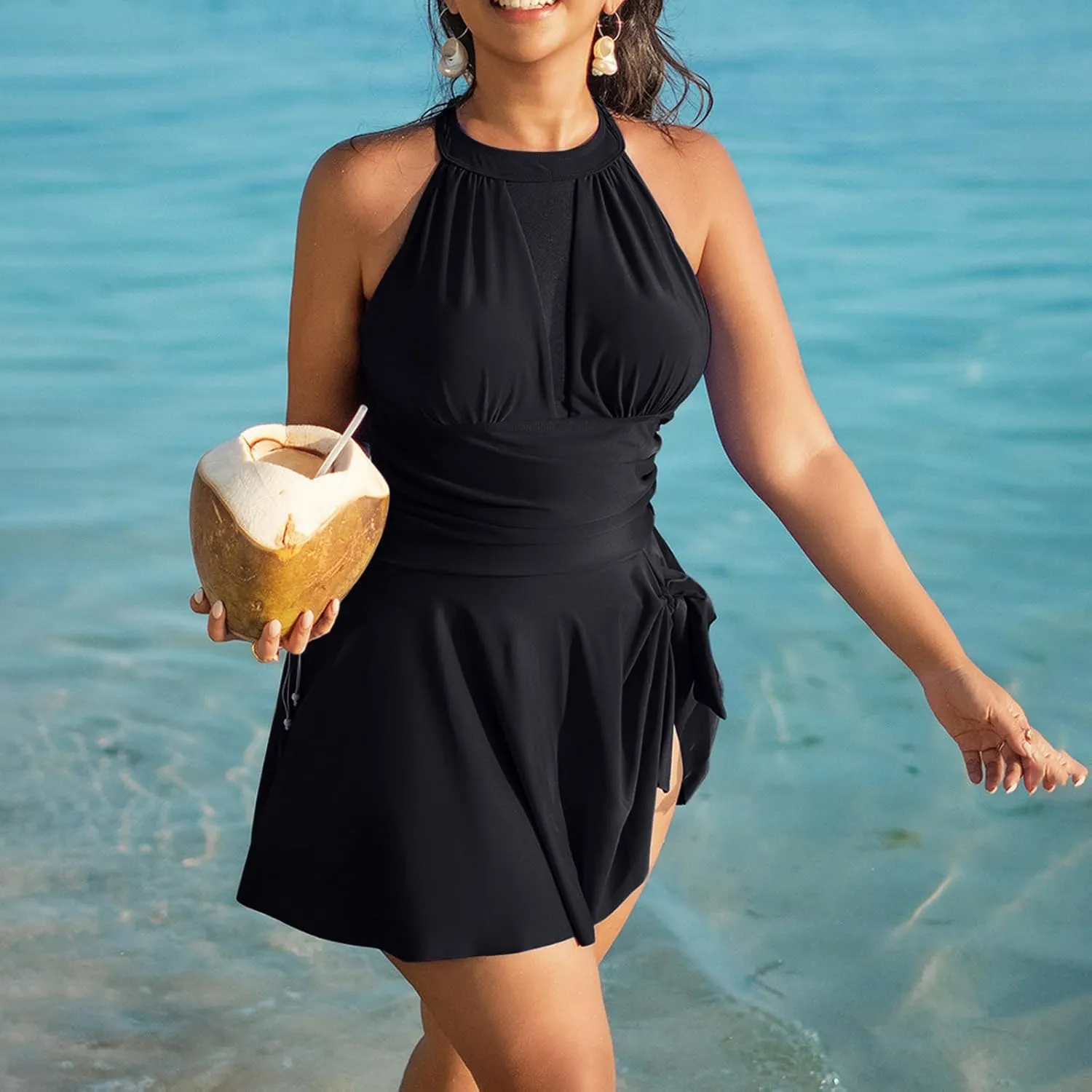 High Neck Swimsuits for Women One Piece Padded Backless Swimdress Skirted Long Torso Tummy Control Bathing Suit 2025