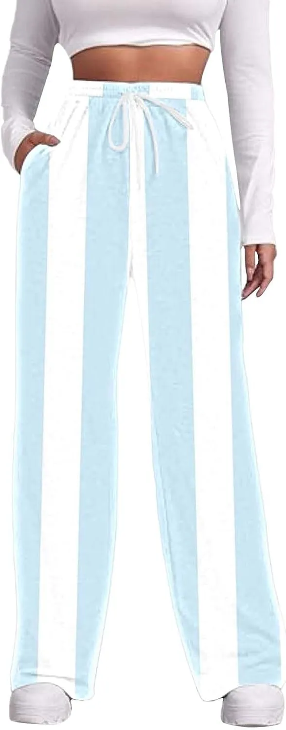 High Waisted Color Block Straight Leg Pants Printed Drawstring Baggy Trousers with Pockets Elastic Waisted Pants Women