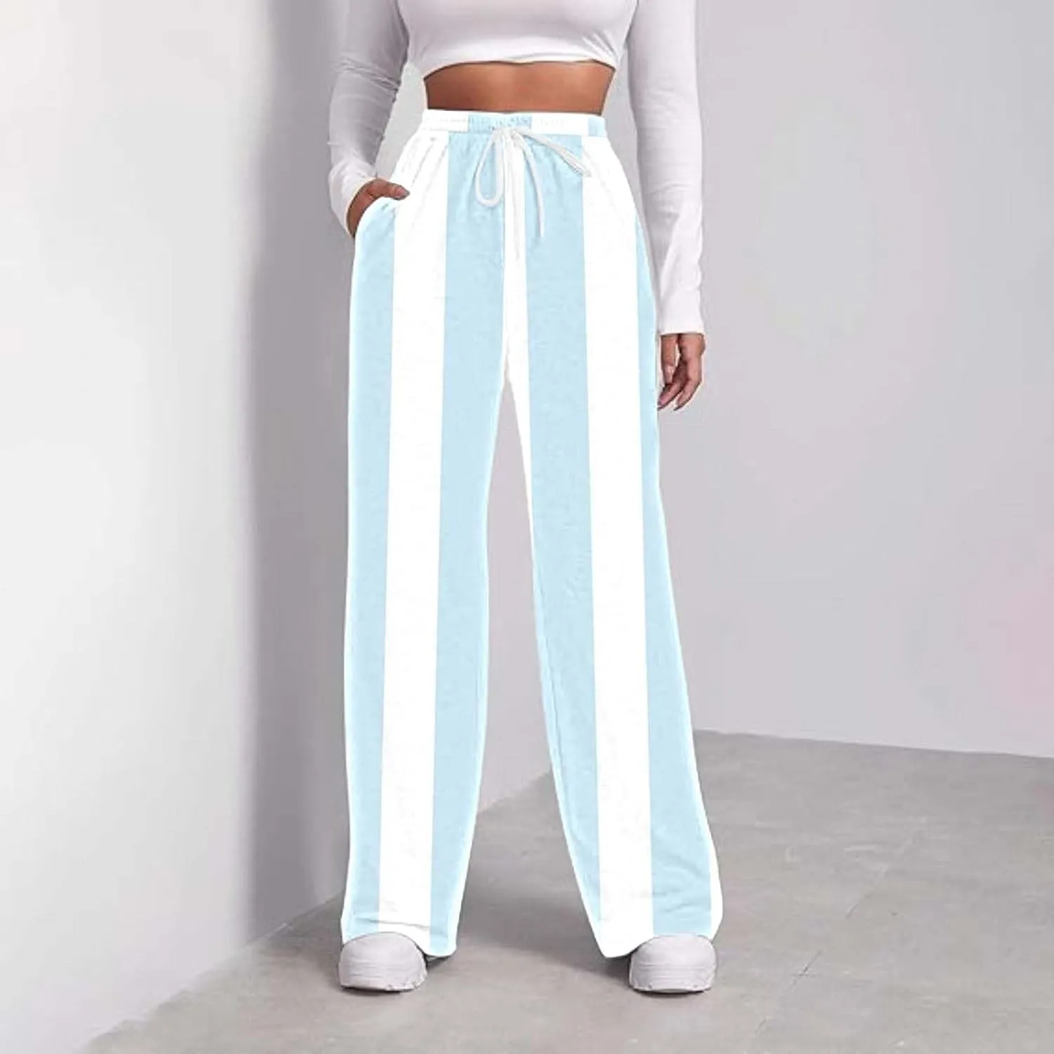 High Waisted Color Block Straight Leg Pants Printed Drawstring Baggy Trousers with Pockets Elastic Waisted Pants Women