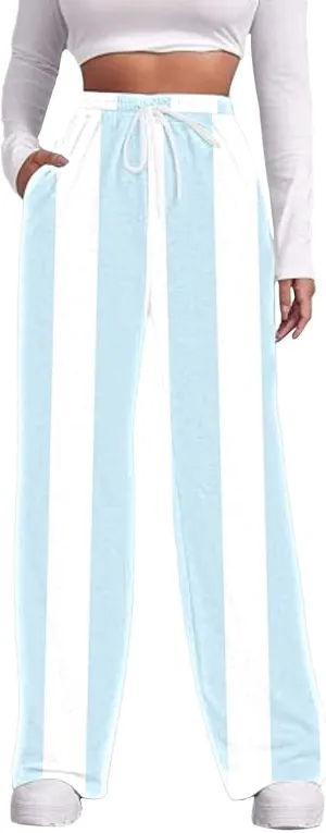 High Waisted Color Block Straight Leg Pants Printed Drawstring Baggy Trousers with Pockets Elastic Waisted Pants Women